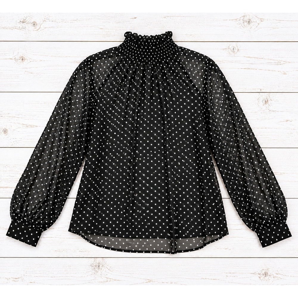 Mittoshop Blouse Mock Neck Sheer Floral Polka Dot Office Chic Black White Size L